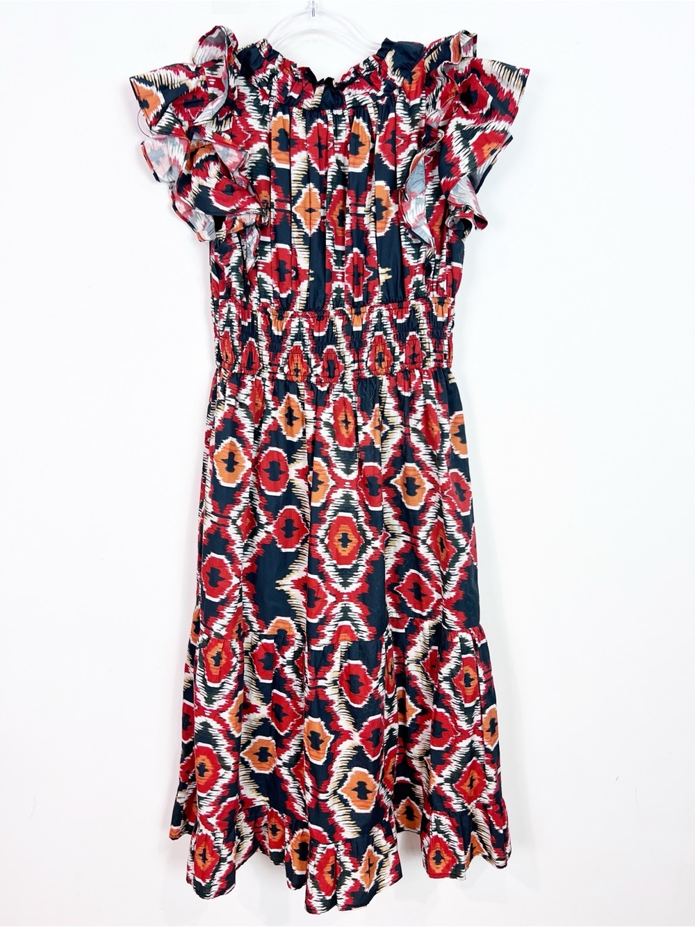 O.P.T. VIANSA NAVY ORANGE RED SLEEVELESS RUFFLE V-NECK DRESS WOMENS MEDIUM - Picture 4 of 8